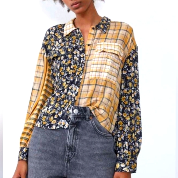 Zara Contrast Print Floral Plaid Button Front Blouse - Picture 2 of 11